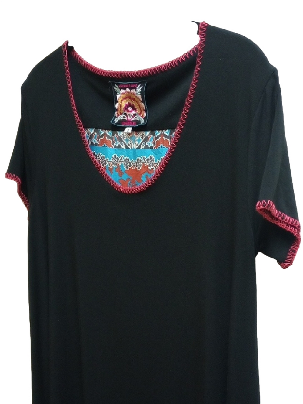 JOHNNY WAS SILK BOHO SHORT SLEEVE TUNIC SHIRT WITH SILK BACK FLORAL PANEL - Picture 3 of 8